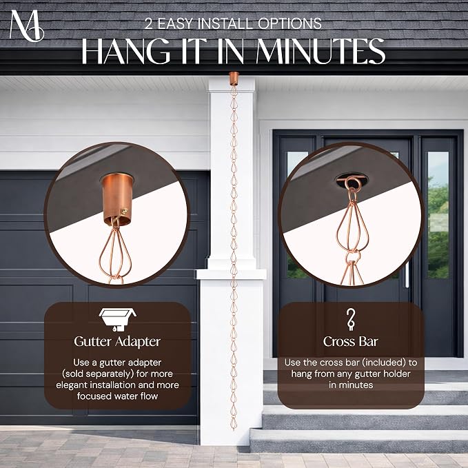 Monarch Rain Chains Pure Copper Teardrop Rain Chains for Gutters – 8.5 ft Decorative Rainchain Outdoor Durable Heavy Duty Gutter Chain Downspout Replacement, Modern Rainchains for Outside