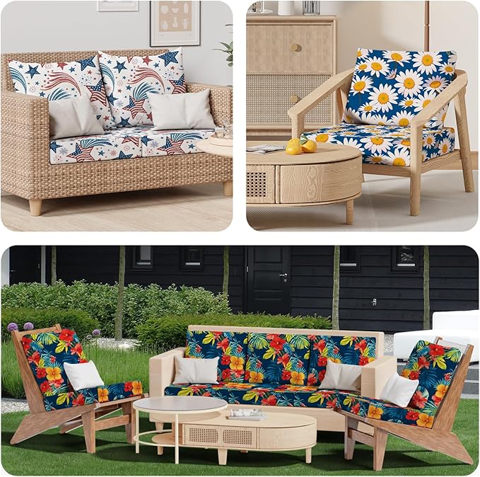 4Pcs Patio Cushion Covers, Stretch Couch & Sofa Replacement Slipcovers for Patio Furniture Cushion Covers, Washable Reusable Furniture Protector, Square Large, Big Flower