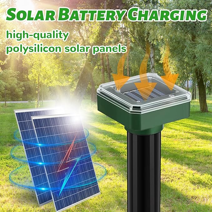 Solar Powered Ultrasonic Mole Repellent 10 Pack, IP44 Waterproof Outdoor Sonic Spikes for Snakes, Gophers, Voles, Groundhogs - Effective Deterrent for Lawns, Gardens, Yards & Farms