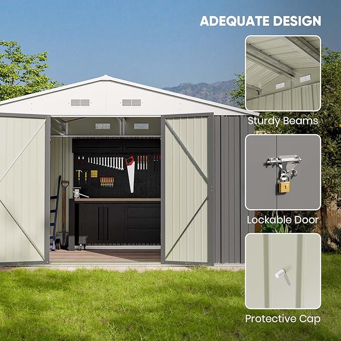 Patiowell 10 x 8 FT Outdoor Storage Shed with Floor Frame, Garden Metal Shed with Sloping Roof and Lockable Door, Large Tool Outside Sheds for Backyard Garden Patio Lawn, Gray