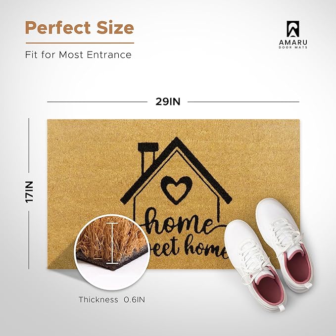 Home Sweet - 17"x29" - Coir Door Mat with Heavy Duty Backing - Welcome Mats for Entryway, Porch - Anti-Slip PVC & Coconut Fiber Surface - Natural Home Accessories, Minimalist Original Design