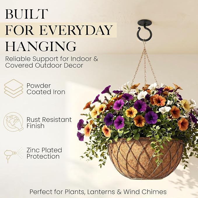 RTZEN Plant Hangers Outdoor or Indoor - Wrought Iron Metal Hanger Indoor Hook - Heavy Duty Wall Bracket Hooks for Hanging Plants Baskets Lanterns Bird Feeders - 2 Pack (Black Ceiling Hooks 3.1")