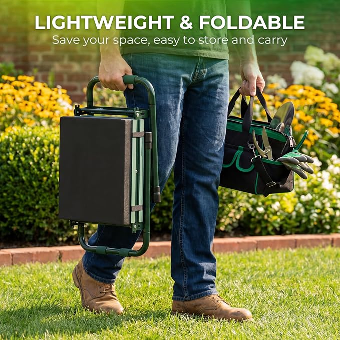 Walensee Garden Kneeler and Seat, Foldable Heavy Duty Garden Stool with Soft Kneeling Pad & Tool Pouch, Easy Stand Up Gardening Bench for Seniors, Women & Men, No Assembly Gardening Gift for Mom Dad