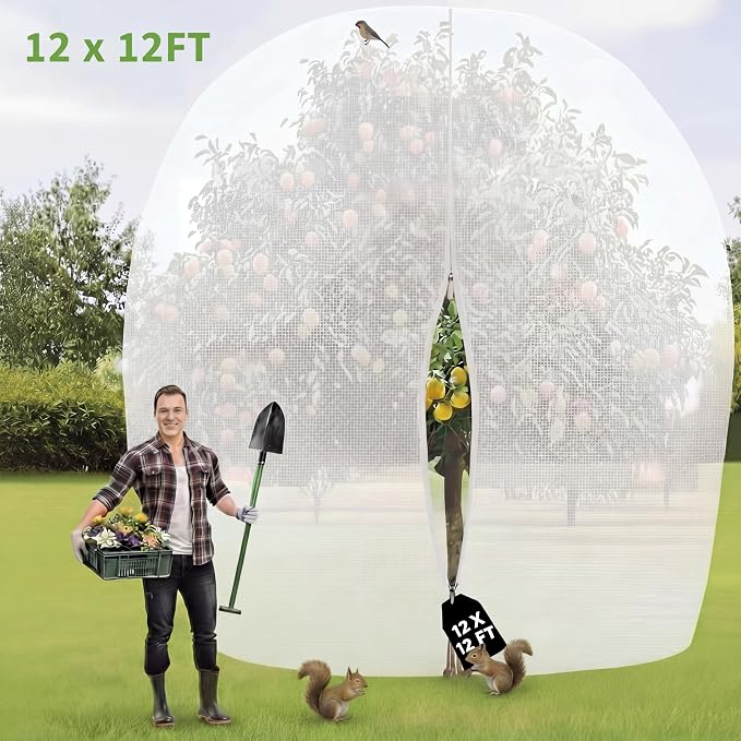 12 x 12 ft Large Fruit Tree Netting for Protecting Fruit from Squirrels Birds Bug Deer & Rat Garden Mesh Netting with Zipper and Drawstring Tree Covers for Blueberry Peach Apple Garden Bushes