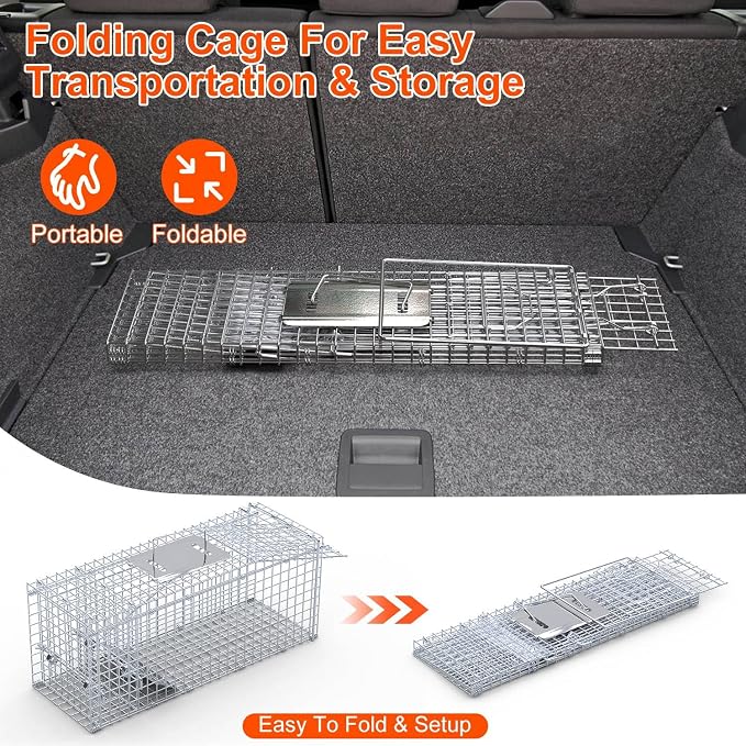 TeqHome Humane Animal Cage Trap,26"x9"x10" Heavy Duty Foldable Collapsible Galvanized Steel Live Trap for Stray Cats, Raccoons, Groundhogs,Squirrel,Chipmunk,Indoor/Outdoor Use,Easy to Catch & Release