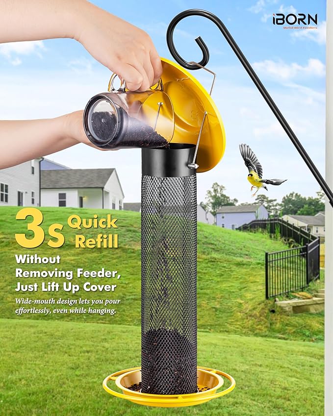 iBorn Finch Feeders for Outside,Thistle Bird Feeders for Outdoors Hanging,Nyjer Seed Feeder,Metal Mesh Tube Bird Feeder 13.5 Inch with 17cm Weatherproof Large Roof and Tray,2 LB Capacity,Yellow