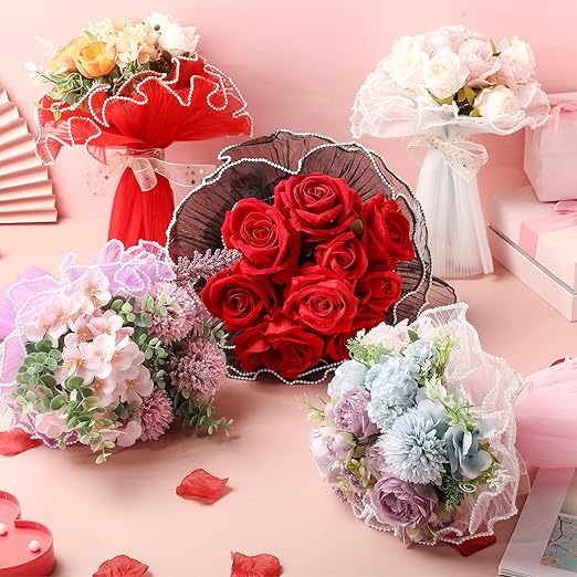 Gilprop 12 Pcs Flower Wrapping Mesh Paper, 11 Inch x 4 Yard Wavy Pearl Edge Wrinkled Flower Packaging Mesh, Florist Supplies for Teacher Mother's Day Gifts (Assorted Colors)