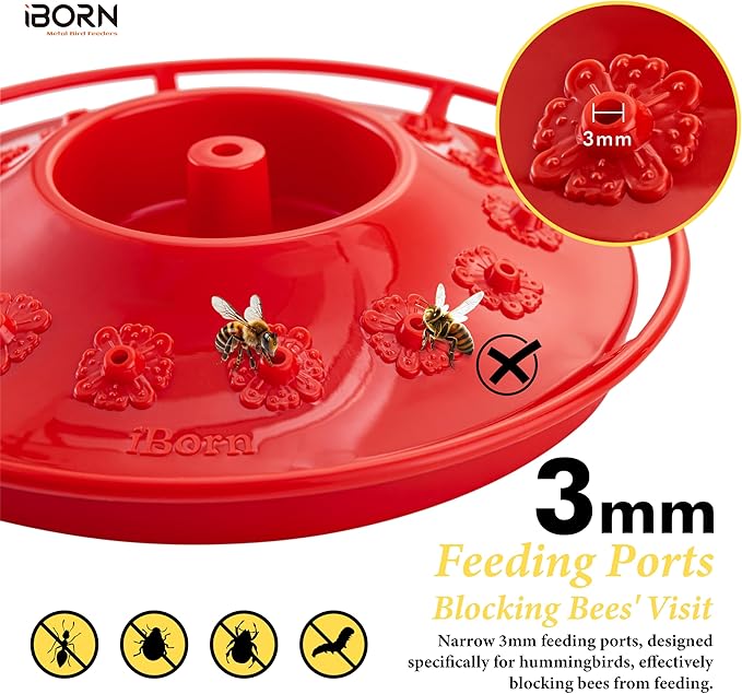 iBorn Hummingbird Feeders for Outdoors Hanging,Bee Proof Hummingbird Feeder with 14 Feeding Ports,13 OZ Saucer Humming Bird Feeders with Ant Moat,Ant Proof No Leak,Easy to Clean and Refill,Red,1 Pack