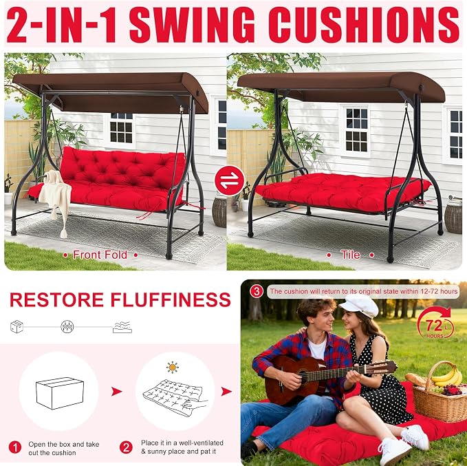 Porch Swing Cushions Outdoor 60 inch x 40 Waterproof Swing Cushions 3 Seater Replacement with Backrest & 8 Ties 5" Thick Bench Swing Cushions for Outdoor Furniture Patio(Red)