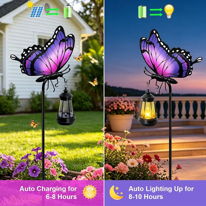 Solar Butterfly Garden Lights Outdoor, Purple Butterfly Hanging Lantern with Warm LED Glow, Waterproof Metal Stake Light for Yard Patio Lawn Pathway, Decorative Solar Garden Decor Gifts for Women Mom