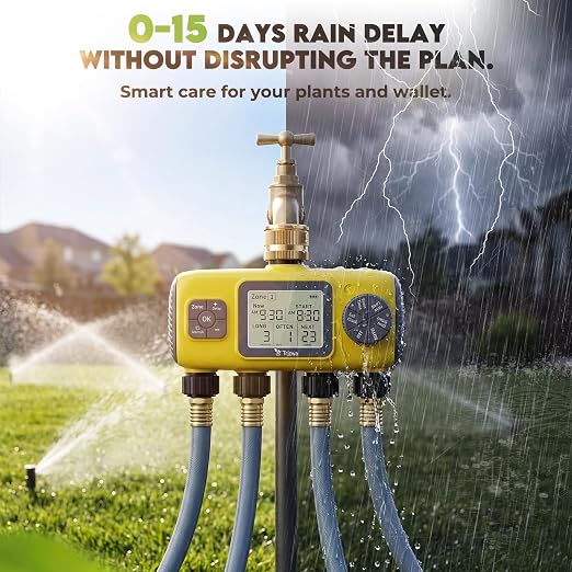 4 Zone Water Timer for Garden Hose, 4 Outlets Sprinkler Timer for Watering with Brass Inlet,Rain Delay/Automatic/Manual Irrigation System for Garden Sprinkler Controller for Lawn Yard Garden