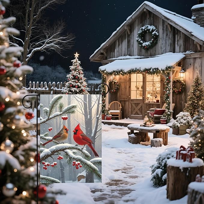 Winter Cardinal Bird Garden Flag 12x18 Inch Red Brown Birds Christmas Holiday Seasonal Theme Decorative Yard Flags for Outside Double Sided Outdoor Home Farmhouse Decoration Porch New Year Decor