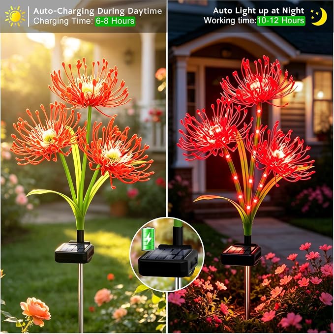 VOOKRY Solar Lights Outdoor, 4 Pack Red Spider Lily Garden Flower Lights | 3Heads per Stem& Individual Solar Panels, Warm White LED Waterproof Yard Lawn Pathway Decor,Decorative Garden Gifts for Women