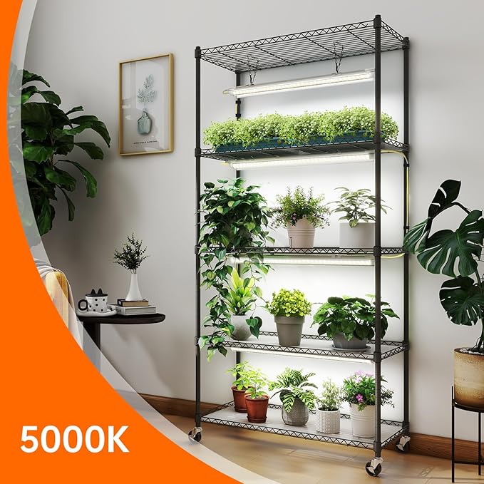 Bstrip Plant Shelf with Grow Light, 5-Tier Plant Stand with T8 24W Grow Light for Indoor Plants with Wheel, Grow Light Shelf with Timer for Indoor Plant, Seedling, Seed Starting, 29.5x13.8x59IN