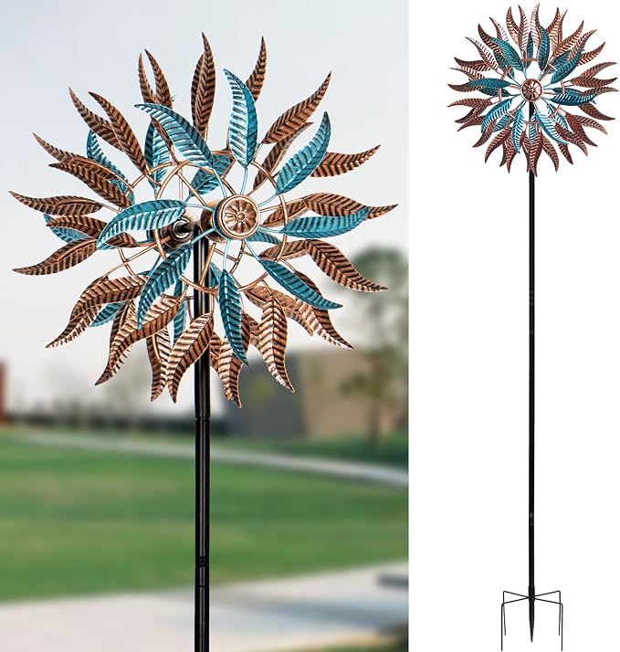 Large Wind Spinners Outdoor Metal, 360° Double-Layer Garden Wind Spinners Sculptures, 63" ×13.4", Kinetic Pinwheels for Yard and Garden Patio & Lawn (Blue Copper)