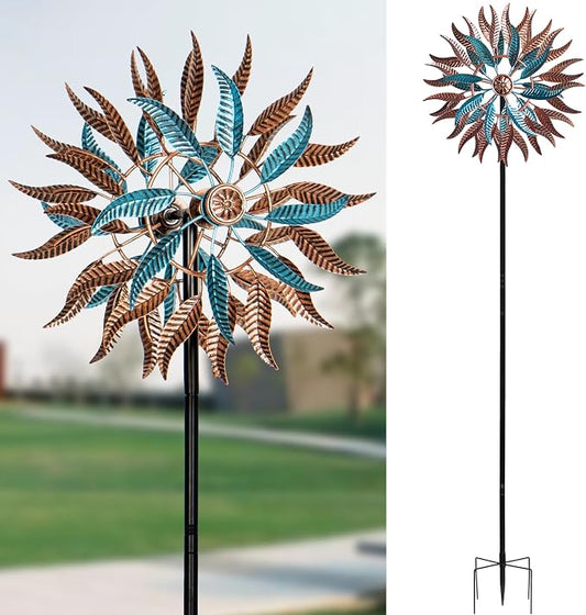 Large Wind Spinners Outdoor Metal, 360° Double-Layer Garden Wind Spinners Sculptures, 63" ×13.4", Kinetic Pinwheels for Yard and Garden Patio & Lawn (Blue Copper)