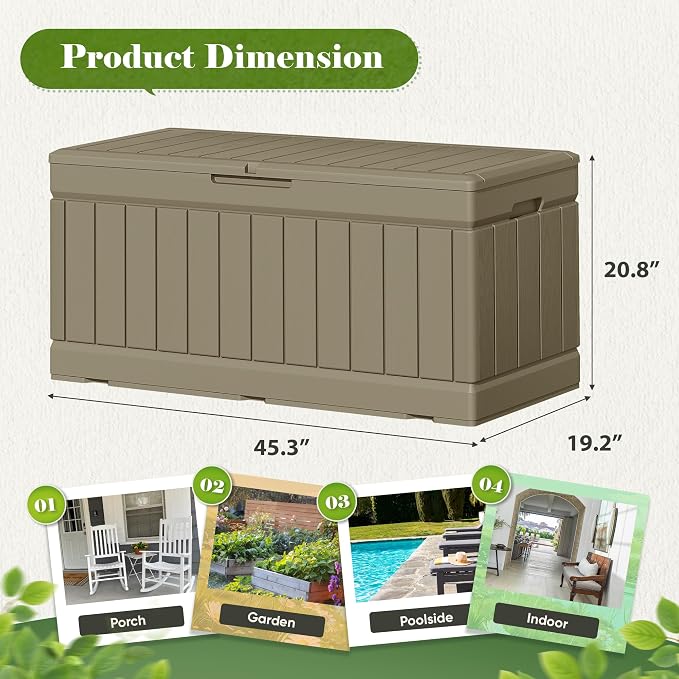 Flamaker Outdoor Storage Box 80 Gallon Resin Waterproof Deck Box Delivery Box with Wood Texture Large Storage Bin for Patio Cushions (Light Brown)