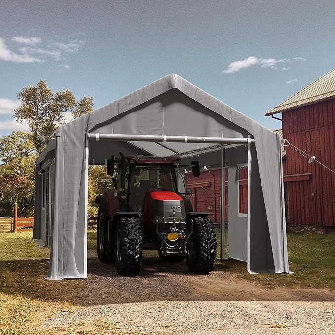 13x20FT Heavy Duty Carport Canopy 4 Roll-Up Doors & 4 Windows Portable Garage All-Season Outdoor Storage Shed for Car Truck Boat Shelter Party Tent, Gray