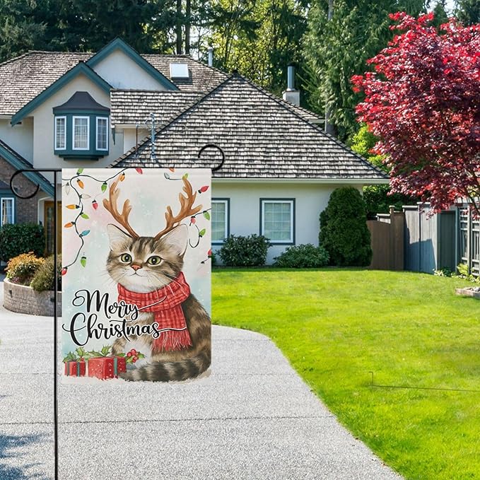 Merry Christmas Cat House Flag 28x40 Inch Double Sided Outside Xmas Reindeer Kitty Winter Seasonal Yard Outdoor Flag Banner for Garden Lawn Patio Holiday Decorations