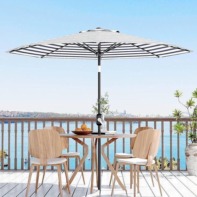 Garvee 9 ft Patio Umbrella - 8 Sturdy Ribs Outdoor Table Umbrella with Crank Lift & Push Button Tilt - Market Umbrella for Pool, Deck, Yard, Garden -Navy blue & White Stripe