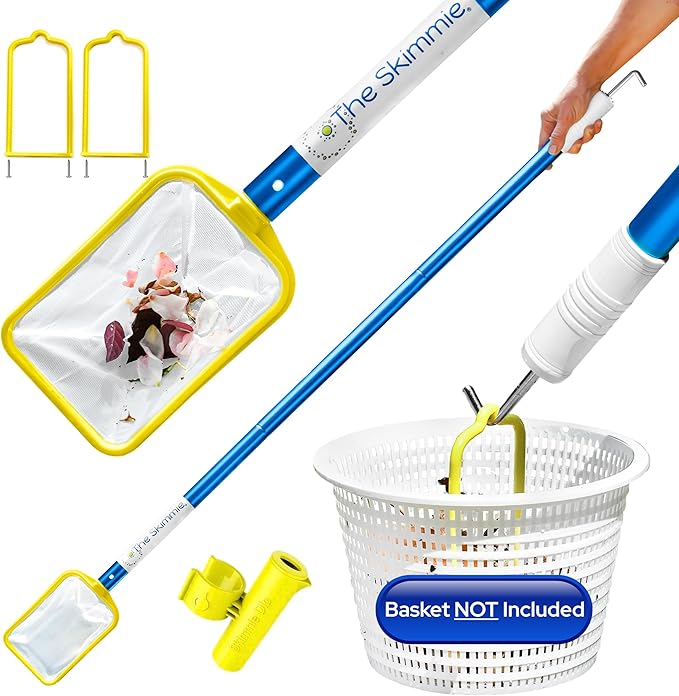 The Skimmie (Long Version) Pool Skimmer Net & Pole 53" with Stainless Steel Hook, Two Skimmer Basket Handles, Fine Mesh Net & Skimmie Dip - Hands-Free Removal of Debris, Bugs, Frogs, Small, Animals