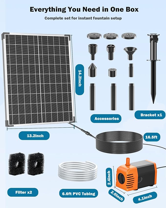 Antfraer Solar Pond Pump, 25W Solar Fountain Pump with 340GPH Flow Adjustable, Solar Water Pump with 6.6FT Tubing & 16.5FT Cord for Garden Ponds, Fish Tanks Waterfalls & DIY Fountain Water Features