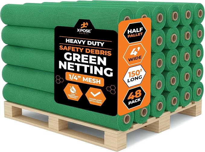 Xpose Safety Construction Safety Netting – 4' x 150', 1/4" Mesh Scaffold Safety Net, Temporary Material Roll, Visibility Fence, Heavy-Duty Fire Retardant, Green (48-Pack)