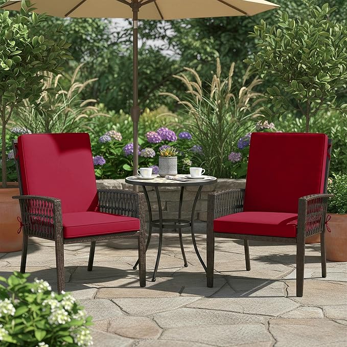 Summsun Patio Dining Seat Cushions, High Back Outdoor Chair Cushion with Water Resistant Removable Covers, Ties, Non-Slip Bottom for Garden Lawn Patio Furniture, 44 x 20 Inch, Burgundy, Set of 2