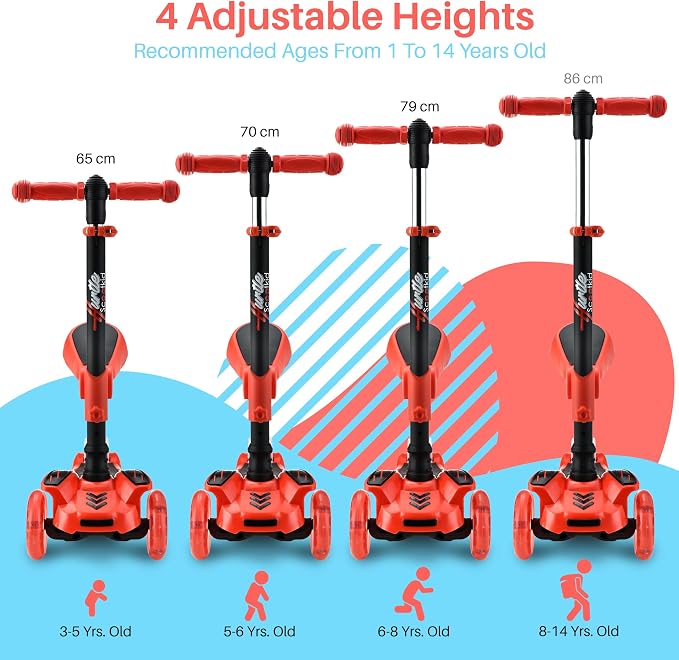 Hurtle 3-Wheeled Scooter for Kids - Wheel LED Lights, Adjustable Lean-to-Steer Handlebar, and Foldable Seat - Sit or Stand Ride with Brake for Boys and Girls Ages 1-14 Years Old