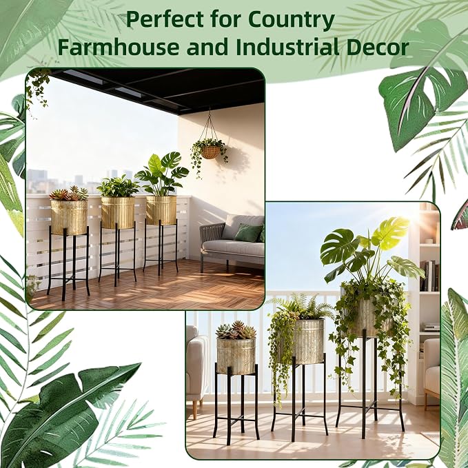 MorningRo Set of 3 Standing Planters 12.8'' 11.5'' 9.5'' Corrugated Galvanized Planters Farmhouse Rustic Plant Stand Metal Flower Pot for Indoor Outdoor Plants Garden Patio Porch Balcony
