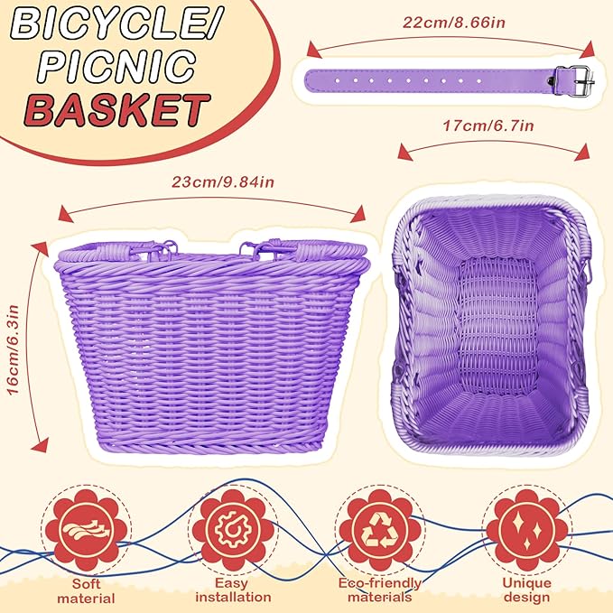 Wicker Picnic Basket for Kids, Small Woven Rattan Basket with Handles Purple Garden Harvest Hamper Basket Empty for Storage Toy Flower Wedding