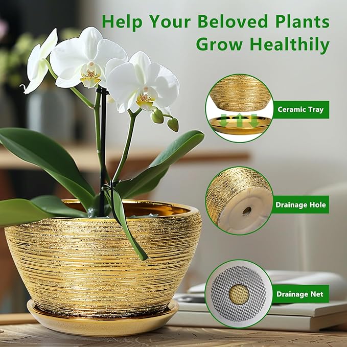 Ceramicfor Ceramic Planter 11 Inch - Indoor Plant Pot with Drainage Hole and Saucer Large Planter for Outdoor Plants Mid-Century Decorative Flower Pot for Home Decor Gold
