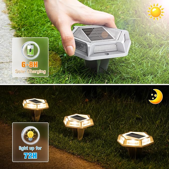 VOLISUN Solar Driveway Lights Dock Outdoor Waterproof Marker Lights,12 Pack Solar Deck Lights 2 Colors in 1 Led Wireless IP67,Solar Deck Lights for Sidewalk Pathway Yard(White/Warm White),Auto On/Off