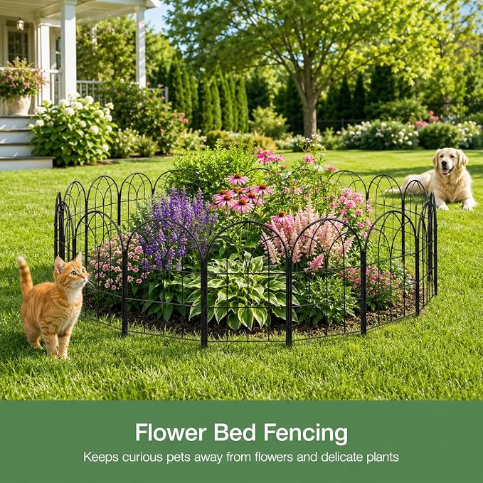 Decorative Garden Fence, 10 Panels, 16.5 in H x 10.5 ft L, No Dig Metal Border Edging for Flower Beds, Yard and Patio, Black Outdoor Barrier for Rabbits and Small Dogs