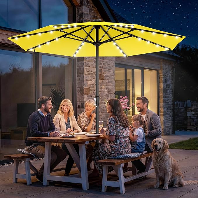 AreShark 11FT Large Patio Umbrella with Solar Lights, Lighted Solar Umbrella with Crank, Outdoor Table Market Umbrellas for Garden, Deck, Backyard, Pool and Beach, Yellow