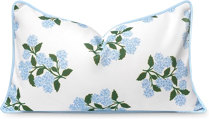 Hofdeco Premium Coastal Patio Indoor Outdoor Lumbar Pillow Cover Only, 12"x20" Water Repellent for Backyard, Couch, Baby Blue Print Hydrangea Flower