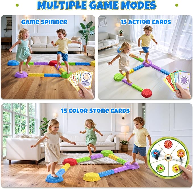 Wee Wonders Balance Beam Stepping Stones for Kids, Non-Slip Sensory Obstacle Course Toys for Toddlers, Stackable Balance Stones with Game Spinner & 30 Card, Indoor Outdoor Gifts for Boys Girls 3-5