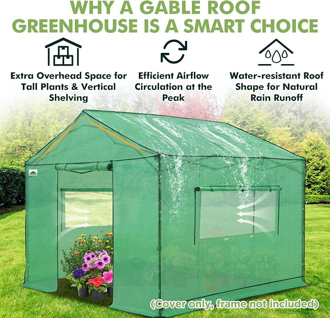 EAGLE PEAK Replacement Cover for 10x10 Gable Roof Pop up Greenhouse, Front and Rear Roll-Up Zipper Entry Doors and 2 Large Roll-Up Side Windows (Frame Not Included), Green