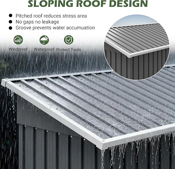 KEIKI Storage Shed 5x3 FT, Small Metal Tool Shed with Gazebo for Outdoor Storage, Galvanized Steel Garden Shed with Lockable Doors for Patio, Backyard, Lawn, Grey