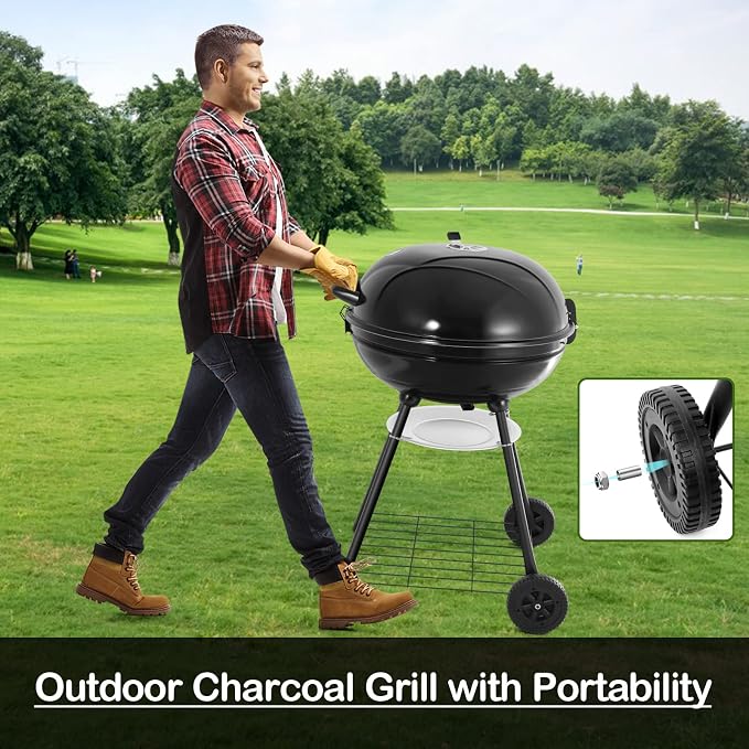 HaSteeL 22-Inch Kettle Charcoal Grill, Portable BBQ Gill with Wheels for Outdoors Barbecue, Camping, Picnic, Backyard, Tailgating, Beach, Storage Rack & 355 SQ.In Cooking Area, Black Porcelain Enamel
