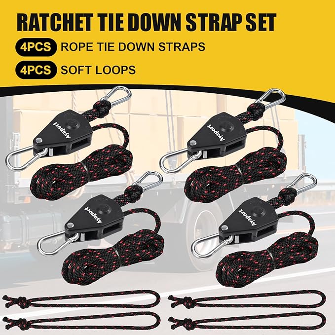 Ayaport Adjustable Rope Hanger Grow Light Hanger, 14Ft 3/8" Heavy Duty Plant Pulley Rope Tightener Ratchet Tie Down for Kayak, Tent Tie Downs, 4 Pack
