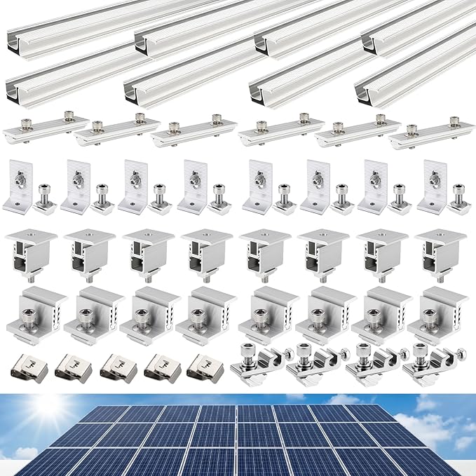 Solar Panel Mounting Rail Kit for 5 x 320W Panels, Includes 8 x 47.2 Aluminum Rails, Adjustable Clamps, L-Brackets & Grounding Lugs, Universal Racking for Metal, Tile, Shingle Roof