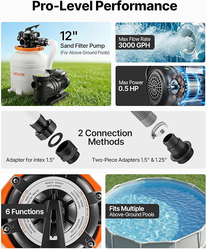 VEVOR FlashPure Sand Filter Pump, 12 in for Above Ground Pool, 0.5 HP 3000 GPH, Swimming Pool Filter System with Timer, 6X Faster Filtration, Media Installed, Leak-Resistant, Ready to Use Out of Box