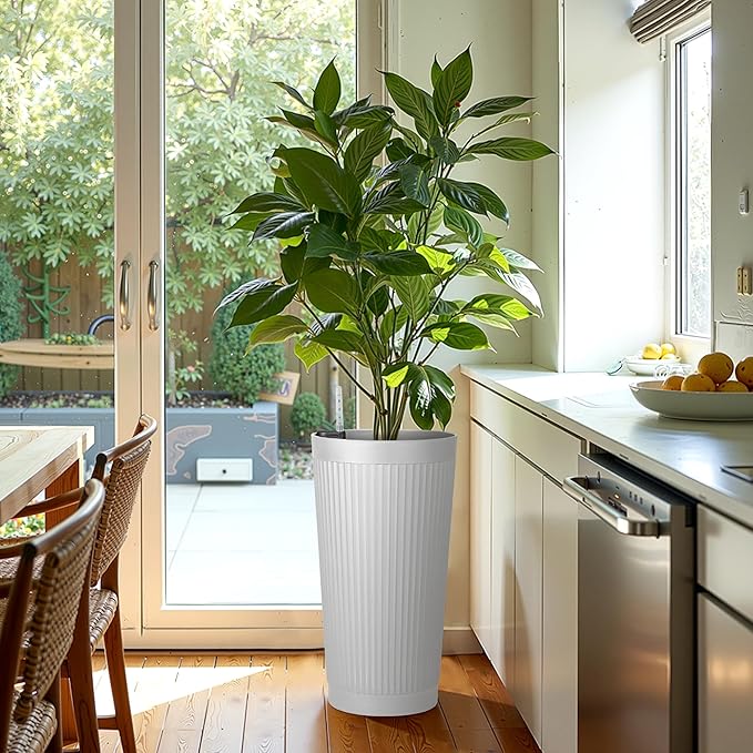 24in Tall Self-Watering Planters Set of 2, White | Water level indicator, Self-watering irrigation system, Non-toxic PP plastic, Weather Resistant, Indoor Outdoor Use