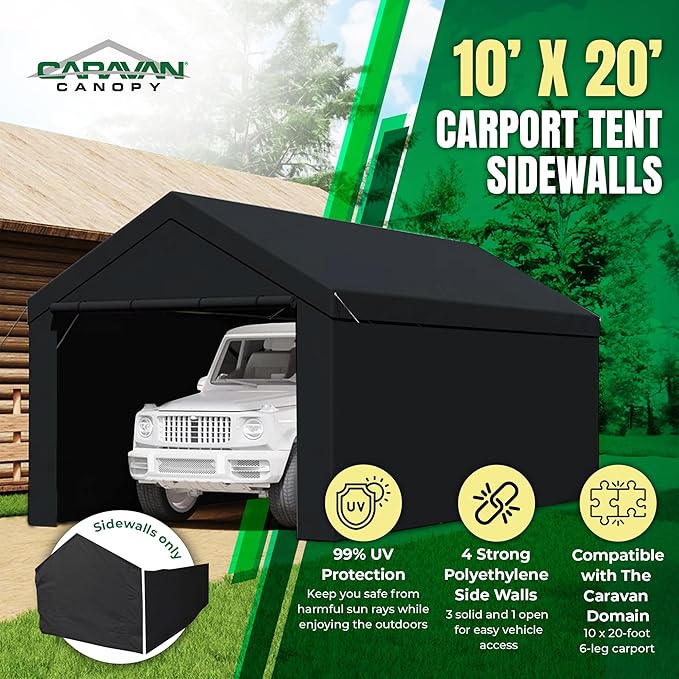 Caravan Canopy Car Tent Sidewalls for Carport, Garage & Shed, Domain, 10 x 20 Ft, Black (Roof and Canopy Not Included) - Portable Vehicle and Motorcycle Shelter - Large Outdoor Storage