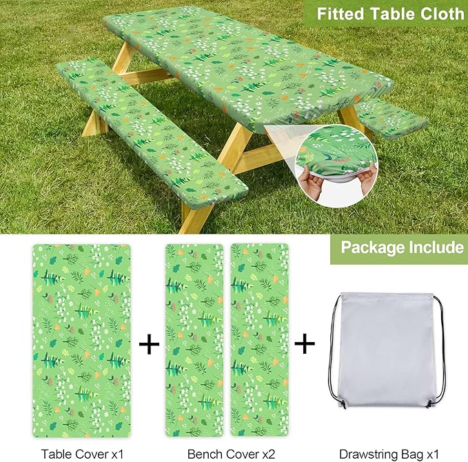 Play Tailor Picnic Table Cover with Bench Covers Camping Essentials Waterproof Windproof Camping Tablecloth with Drawstring Bag, Fitted Rectangle Tables and Seats, 72in, Grass Green