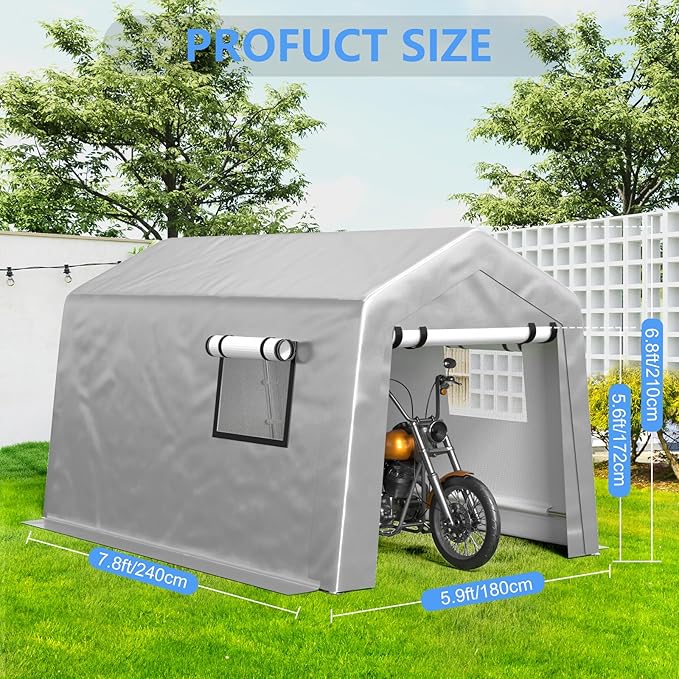 Jocoevol Carport 6x8 FT Enclosed Carport with Roll-up Windows, Portable Garage with Removable Sidewalls & Doors, Car Canopy Tent with Sandbags All-Season Tarp for Bike Motorcycle