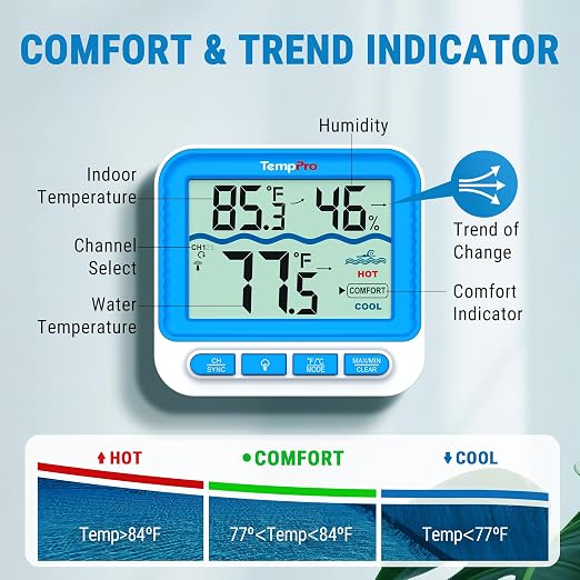 TempPro 500FT Solar Pool Thermometer Floating with IPX8 Wireless Pool Temperature Sensor, Digital Floating Pool Thermometer Wireless, 0.9°F Accuracy for Cold Plunge, Hot Tub (Previously ThermoPro)