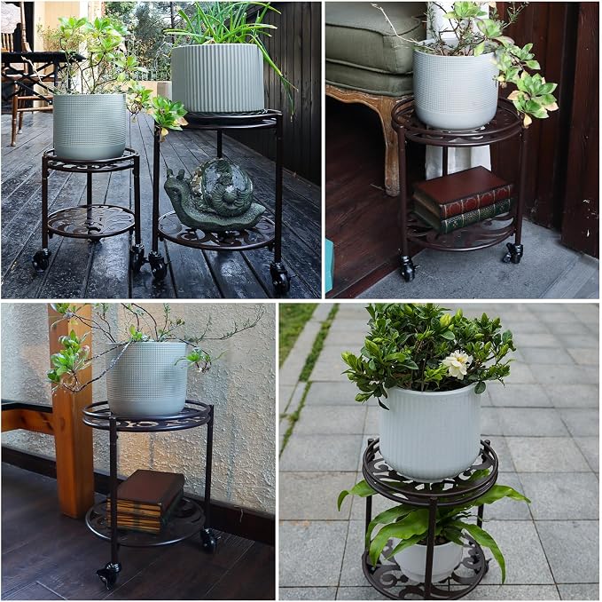 2 Tier Heavy Duty Rolling Plant Stand – 150 lbs Capacity Flower Pot Holder with Wheels for Indoor & Outdoor, Easy Move Cart for Balcony, Patio, Garden, 2 Pack Coffee