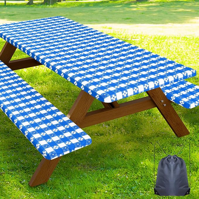 Smiry Picnic Table Cover with Bench Covers, Waterproof Elastic Fitted Tablecloth for 5 Foot Tables, Washable Polyester Tablecloths for Camping, Indoor & Outdoor (Blue & White, 30x60 Inch 3-pc Set)
